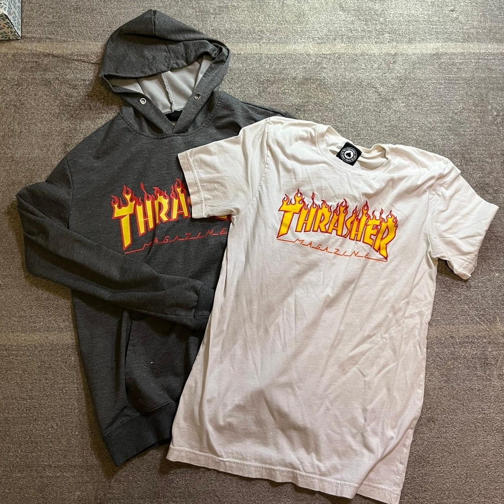 Thrasher Magazine Flame Logo Hoodie and T-Shirt Bundle Mens Medium Gray White